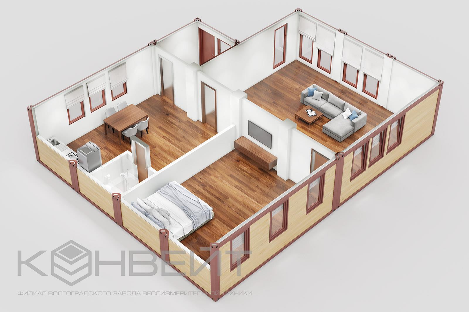Модульный жилой дом 129,8 м2 (7МД6+МД2) ПМД-1019